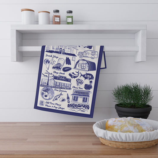 Old Hawaii Nostalgic Maui Tea Towel – Vintage Mom-and-Pop Shop Illustration